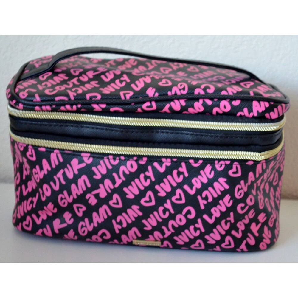 Juicy Couture Pink Black Cosmetic Makeup Bag Train Case 2 Zipper Compartments
